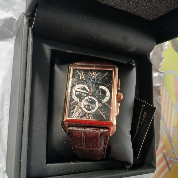 Alfred Sung ION Plated Rose Gold Japanese Movement Watch with Brown Gen - Picture 5 of 7